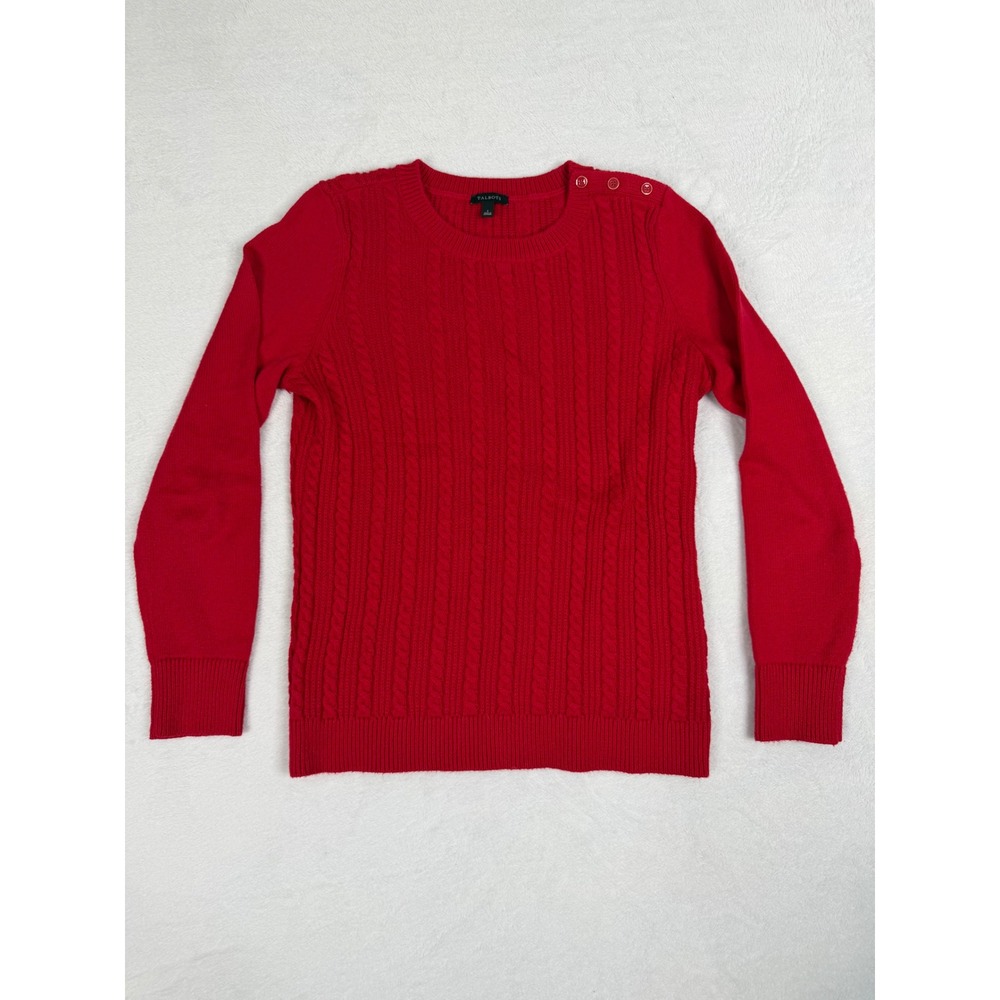 Talbots Red Cable Knit Shoulder Button Sweater Small Christmas Holiday Crew Neck